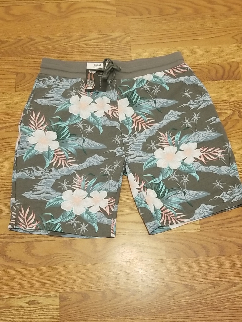 NWT No Boundaries Gray Floral Tropical Swim Shorts with Mint and Pink Accents
